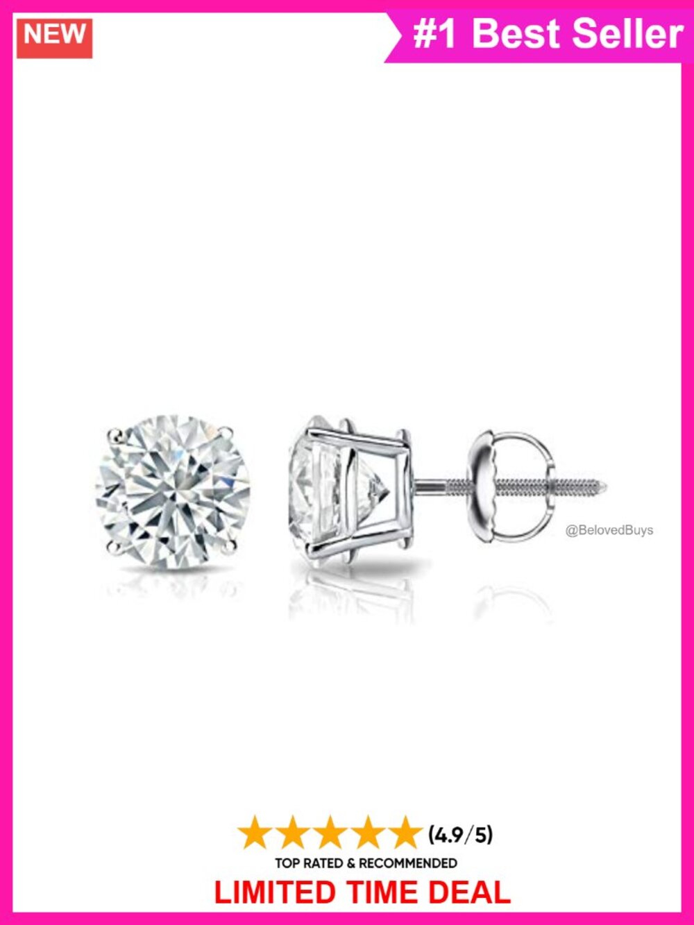 1 Carat Lab Grown Diamond Stud Earrings 14k White Gold Screw Back